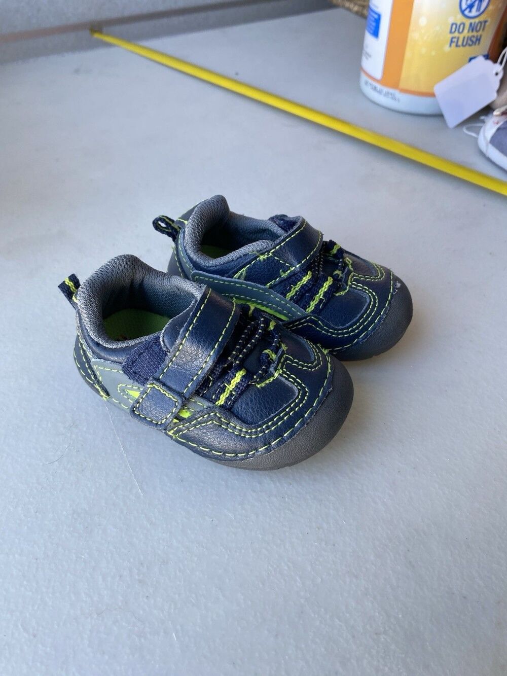 Healthtex Size 2 Baby Boys Navy Blue Neon Green Sneakers Flexible Traction
